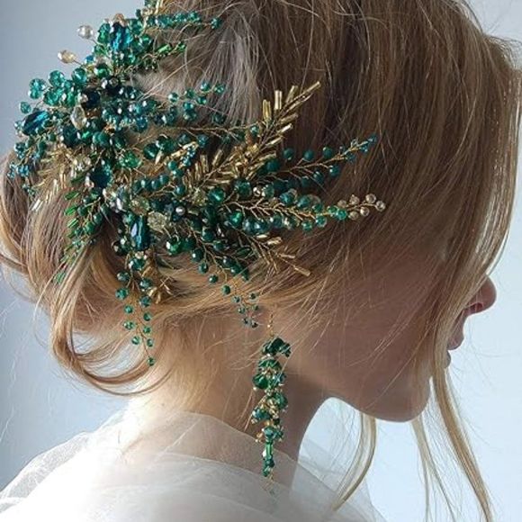 Accessories - Women Green Beads  Gold Headband for Brides Side Headband Hair Accessories